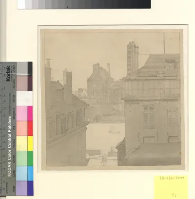 Udsigt fra Eckersbergs bolig i Hôtel d'Irlande, Rue de Beaune nr. 3, over Seinen mod (Louvre, Pavillon de Flore) Tuillerierne og Rue de Rivoli
