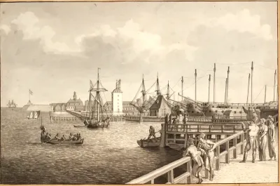 Udsigt fra Langelinie mod Nyholm, t.h. flådens leje