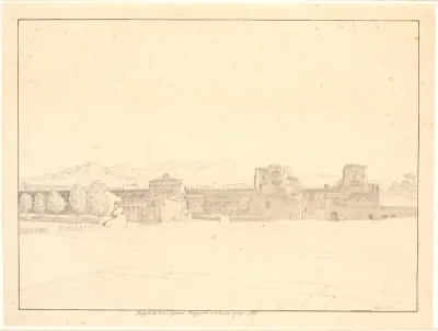 Udsigt fra pladsen ved S. Giovanni in Laterano mod Porta S. Giovanni og den aurelianske mur, Rom