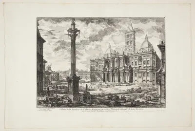 Udsigt mod Basilica di Santa Maria Maggiore, med dens sidebygninger og søjlen ved Konstantinbasilikaen i forgrunden