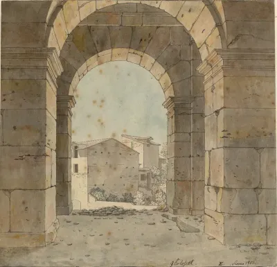 Udsigt mod nord gennem en af buerne i Colosseums andet stokværk, Rom