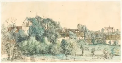 Udsigt mod Ørbæk præstegård og kirke