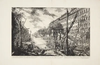 Udsigt over havnen ved Ripa Grande, Rom, med kajerne, toldhuset, arsenalet og mange pramme