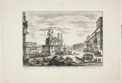 Udsigt over Piazza del Quirinale (Piazza di Monte Cavallo), med Quirinal-paladset t.h. og statuerne af Castor og Pollux i centrum