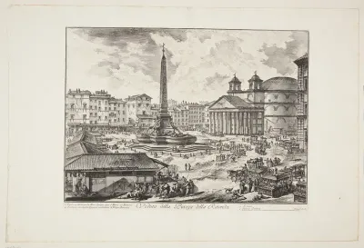 Udsigt over Piazza della Rotonda, Rom, med Pantheon, obelisken og fiskemarkedet