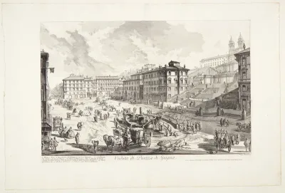 Udsigt over Piazza di Spagna, med Barcaccia-fontænen, Den Spanske Trappe og kirken SS. Trinità de' Monti