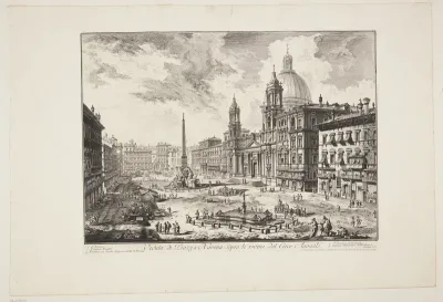 Udsigt over Piazza Navona, Rom, med Sant' Agnese-kirken t.h. og Bernini's fontæne i midten