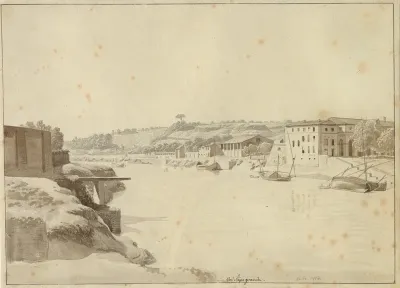 Udsigt over Tiberen mod Porto di Ripa Grande og Porta Portese set fra breden neden for Monte Aventino, Rom.