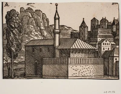 Uidentificeret moské med 1 minaret, t.v. højt træ