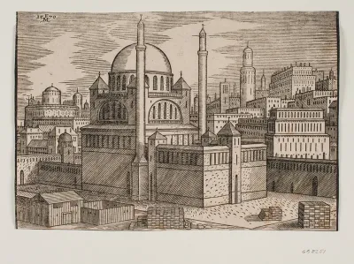 Uidentificeret moské med 2 minareter, set fra nordøst; i forgrunden byggeplads med stablede byggesten