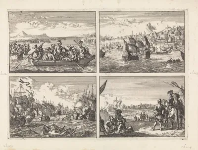 Uit Savoye verjaagde Waldenzen keren in schuiten over het meer van Genève terug naar hun land, 1689 / Genua door de Franse vloot gebombardeerd, 1684 / Slag bij Solebay, 1672 / Inname van Nijmegen door de Fransen, 1672