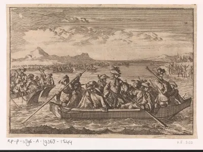 Uit Savoye verjaagde Waldenzen keren in schuiten over het meer van Genève terug naar hun land, 1689