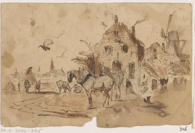 Uitgespannen paarden voor een huis
