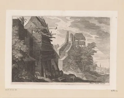 Uitkijktoren en een man met vier zwijnen