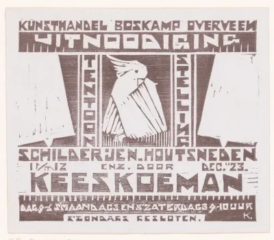 Uitnodiging voor een tentoonstelling van Kees Koeman bij kunsthandel Boskamp Overveen