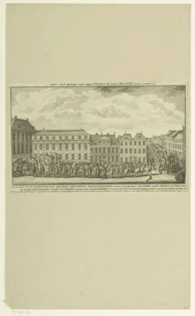 Uitrijden van de prins van Oranje na het bijwonen van een vergadering van de Staten-Generaal en de Raad van State, 1763