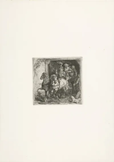 Uitrijdende wagen met boeren