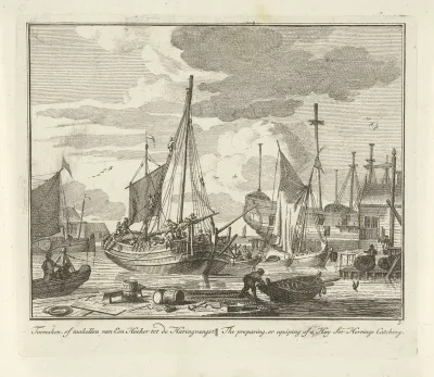 Uitrusten en bevoorraden van een hoeker voor de haringvangst