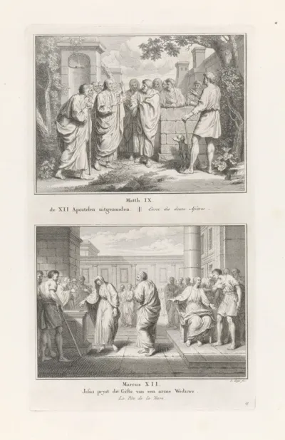 Uitzending van de twaalf apostelen / Christus prijst de arme weduwe