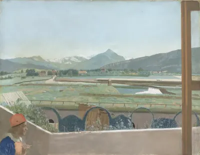 Uitzicht op het Mont Blanc-massief vanuit het atelier van de kunstenaar te Genève, met zelfportret