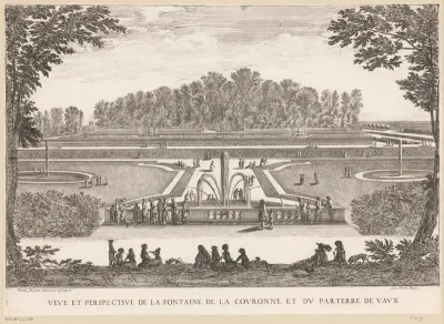 Uitzicht over fontein in de vorm van een kroon in de tuinen van Vaux-le-Vicomte