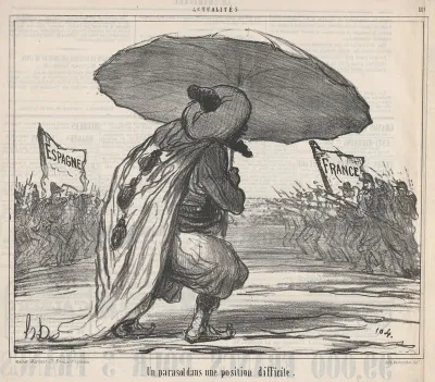 Un parasol dans une position difficule., from Actualités, published in Le Charivari, November 25, 1859