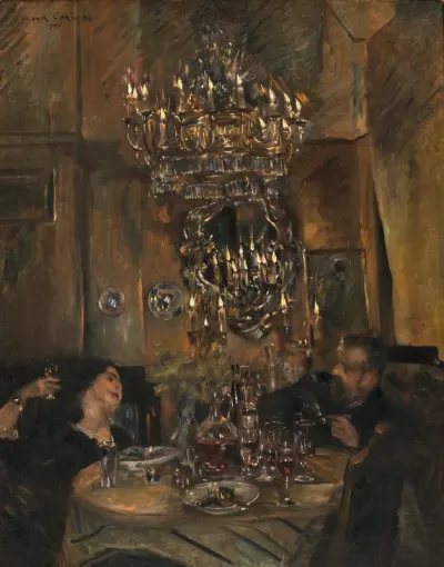 Under the chandelier