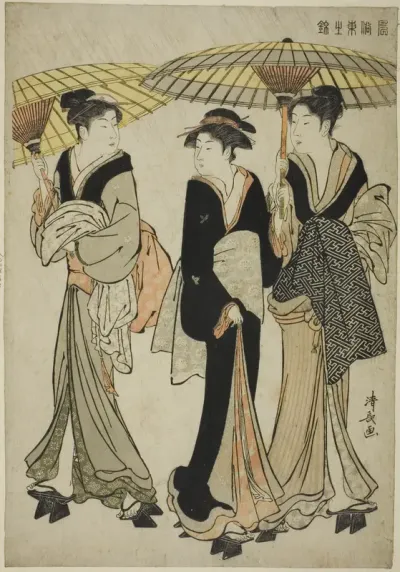 Under Umbrellas in a Shower, from the series "A Brocade of Eastern Manners (Fuzoku Azuma no nishiki)"