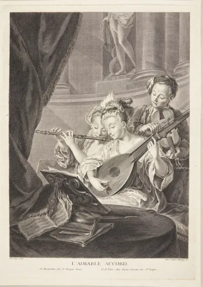 Ung mand og to kvinder, der spiller musik (L'Aimable Accord)
