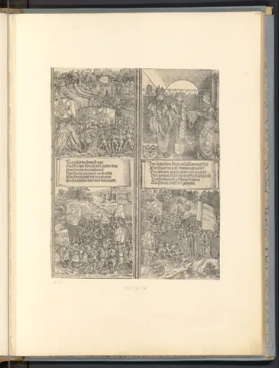 Ungarischer Eroberungszug 1490, Spanische Heirat Philipps 1496, Befreiung Neapels 1503, Bayerischer Krieg und Sieg am Wenzenberg 1504 (Die Ehrenpforte Kaiser Maximilians I., Historiendarstellungen, C' 2.2, 3, 5, 6)
