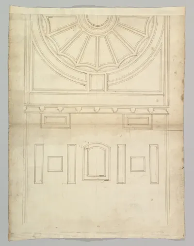 Unidentified, ceiling plan (recto); Pont du Gard, perspective elevation (verso)