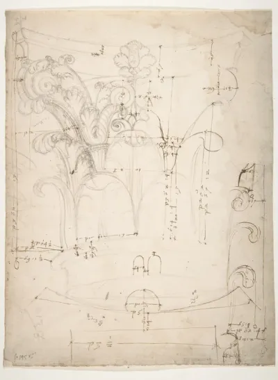 Unidentified Corinthian capital, elevation, section, and ceiling plan (recto) blank (verso)