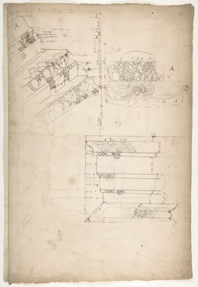 Unidentified, cornice, projection; architrave, projection (recto) Unidentified, ceiling, plan (verso)