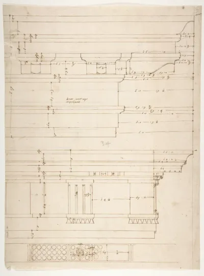 Unidentified, Doric cornice, elevation; Theater of Marcellus, Doric cornice, elevation (recto) Unidentified, cornice, elevation (verso)
