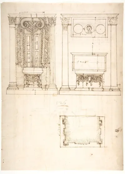 Unidentified, funerary altar, plan and elevations (recto) S. Giovanni Laterano, Oratorio della Santa Croce, paneling, elevation (verso)