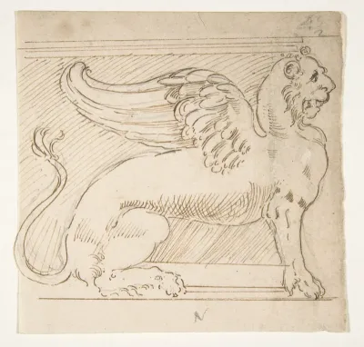 Unidentified, furniture support with winged lion motif, elevation