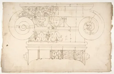 Unidentified, Ionic capital, elevation, front and side (recto) Unidentifed, Ionic capital, section, detail; Ionic capital, elevation, detail  (verso)
