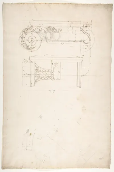 Unidentified, Ionic capital, front and side elevations with small studies (recto) calculation notes (verso)