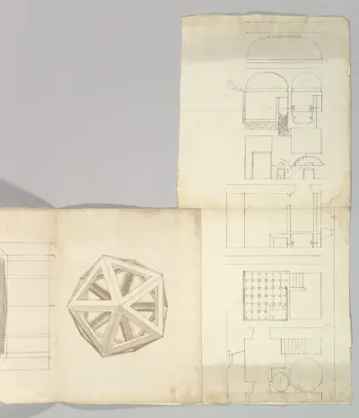 Unidentified , orthographic study, plans and section (recto) Rhomicuboctahedron, skeletal, perspective; elevation, perspective projection (verso)