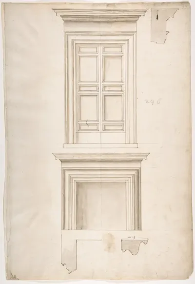Unidentified, portal, elevation; portal, cornice, profile; fireplace, elevation