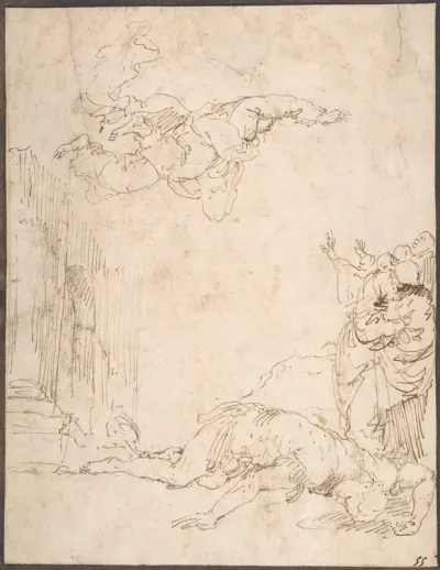 Unidentified Scene: Figures Watching a Fallen Giant and Another Figure Levitating