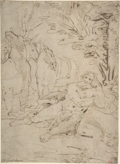 Unidentified Subject:  Reclining Nude Male Figure and Cattle