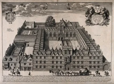 University College, Oxford: aerial view with key and coats of arms