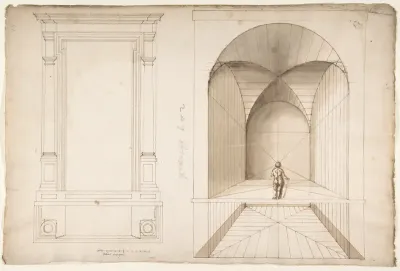 Unknown, portal or niche, plan and elevation; perspective study, interior, square chamber with cross-vault, with a scale figure (recto); blank (verso)