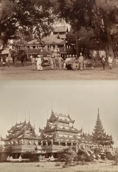 Untitled: (British soldiers, man on palequin, and indigenous workers); (ornate buildings, verso)