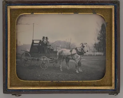 Untitled (Two Men with Top Hats atop a Horse-Drawn Carriage)