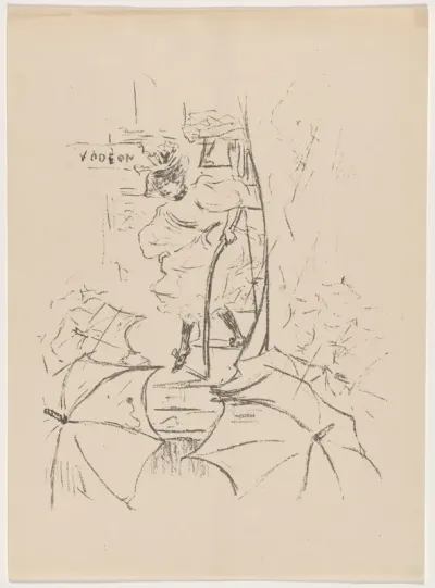 untitled (Woman descending onto a street of umbrellas)
