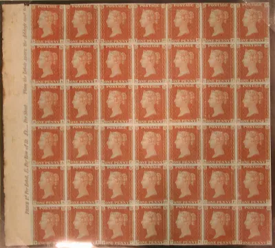 Unused block of forty-two "Penny Red-Brown" postage stamps of Queen Victoria