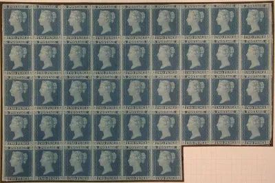 Unused block of forty-two "Two Penny Blue" postage stamps of Queen Victoria