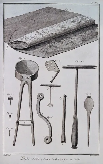 Upholstery: a roll of fabric (top), tools (below)